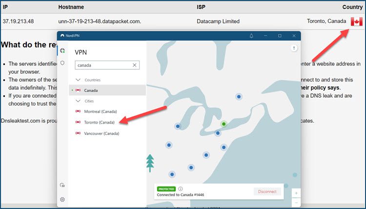 NordVPN's DNS leak test