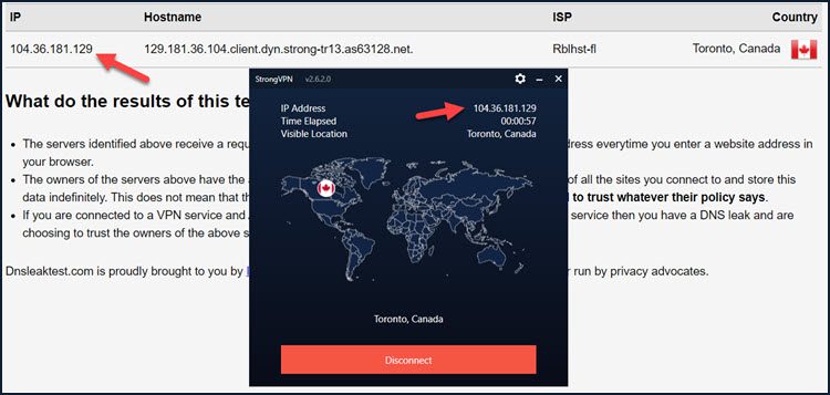 StrongVPN's DNS leak test